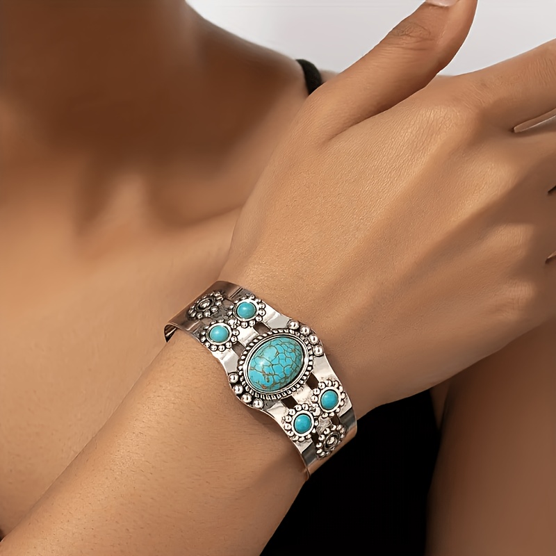 TEMU Vintage Classic Bohemian Style Women's Inlaid Synthetic Turquoise Stainless Steel Party Vacation Face Bracelet