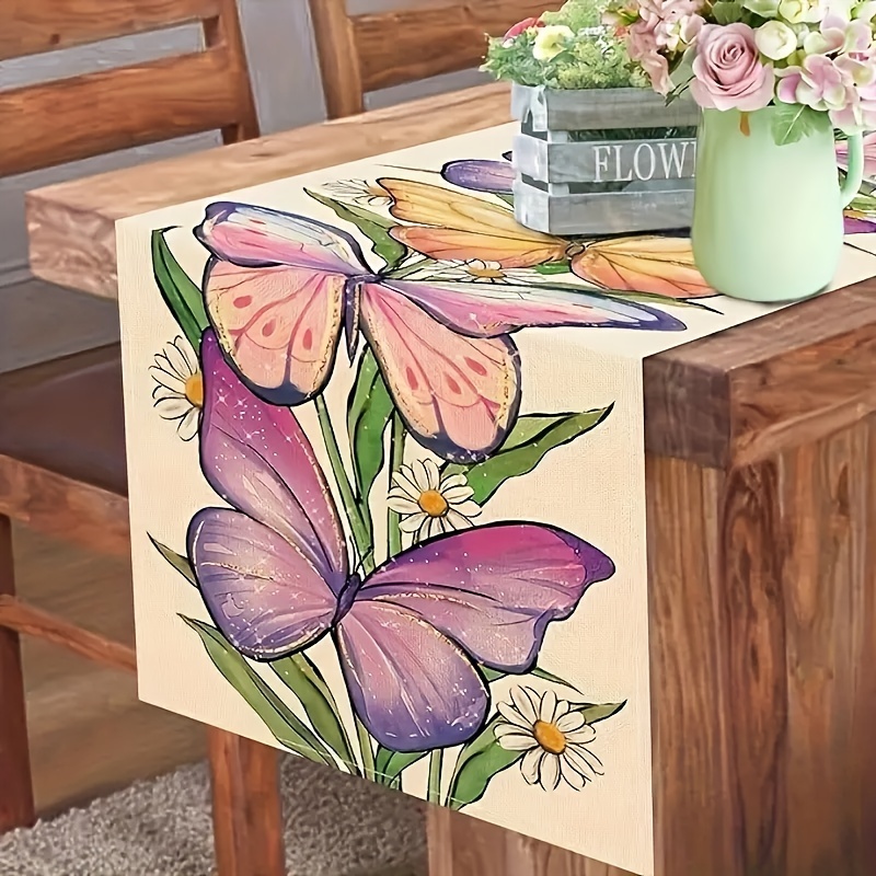 

Spring Blossom Butterfly Table Runner - Polyester, Rectangular, Woven Design For Seasonal Kitchen & Dining Decor, Perfect For Indoor Parties