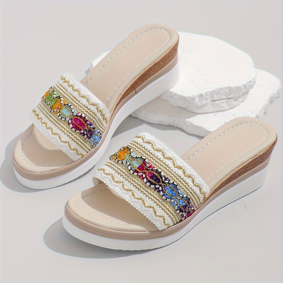 

Bohemian Wedge Sandals For Women, Summer Single Band Open Toe Shoes, All-match Outdoor Vacation Slide Sandals