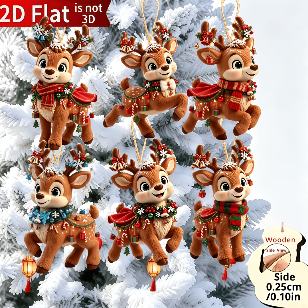 TEMU 2d Flat, 2d Flat 6pcs Christmas Decoration Beautiful Deer Pattern Hanging Suit, Very Suitable For Trees, Windows And Party Decoration, Christmas