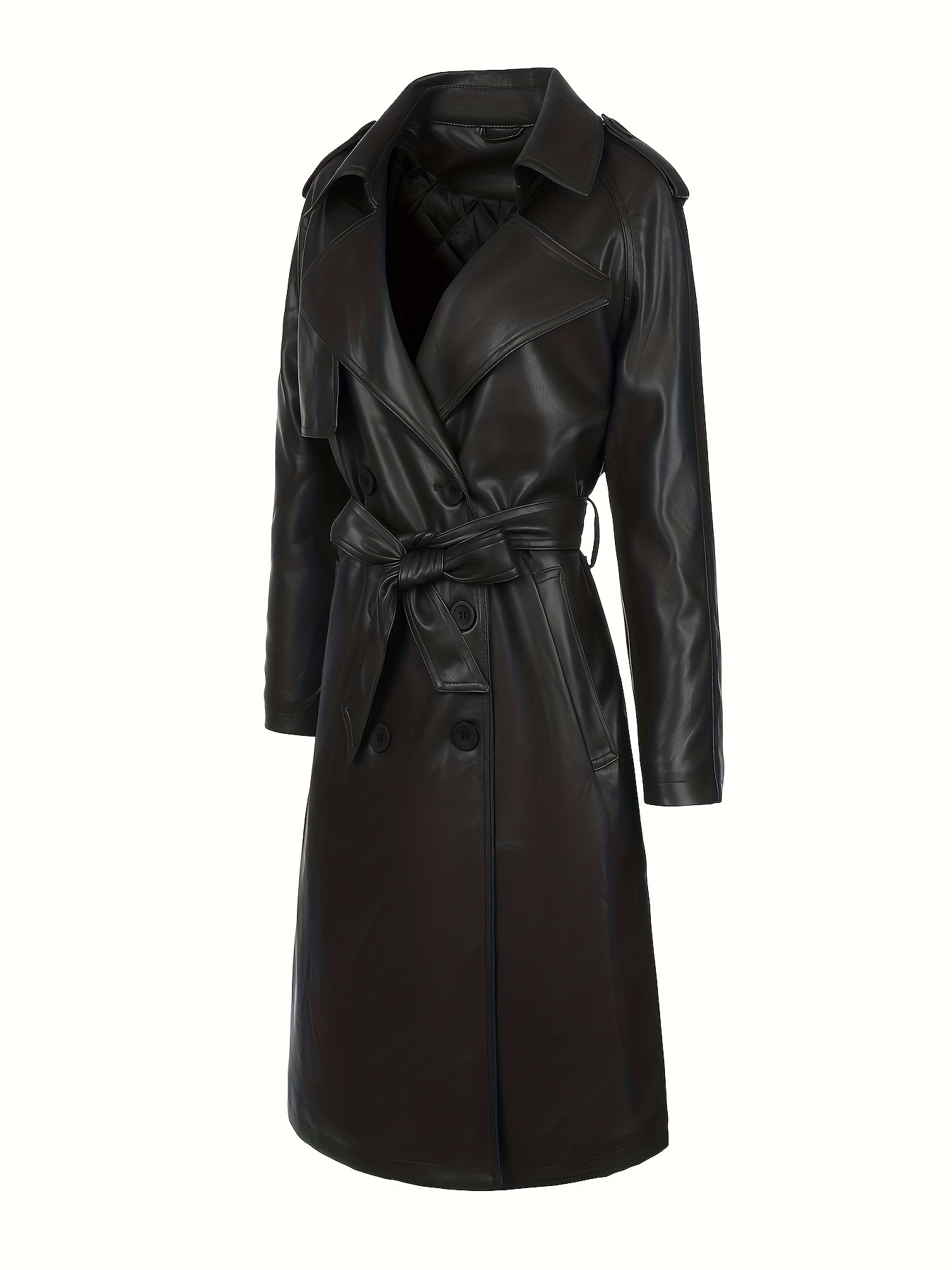 Elegante lange PU-lederen trenchcoat met strik taille, reverskraag, lange mouwen - polyurethaan  ,    , lichte stretch,   geript, gevoerd, winteroutfit voor vrouwen details 4