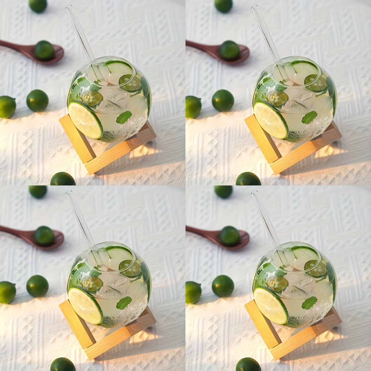 Image of 4pcs Round Straw Cup With Wooden Frame, , Minimalist Cup, Creative Moon Shaped Glass Cup, Summer Beverage Cup, Cocktail Cup, Holiday Party Drinking Utensils, Gifts For