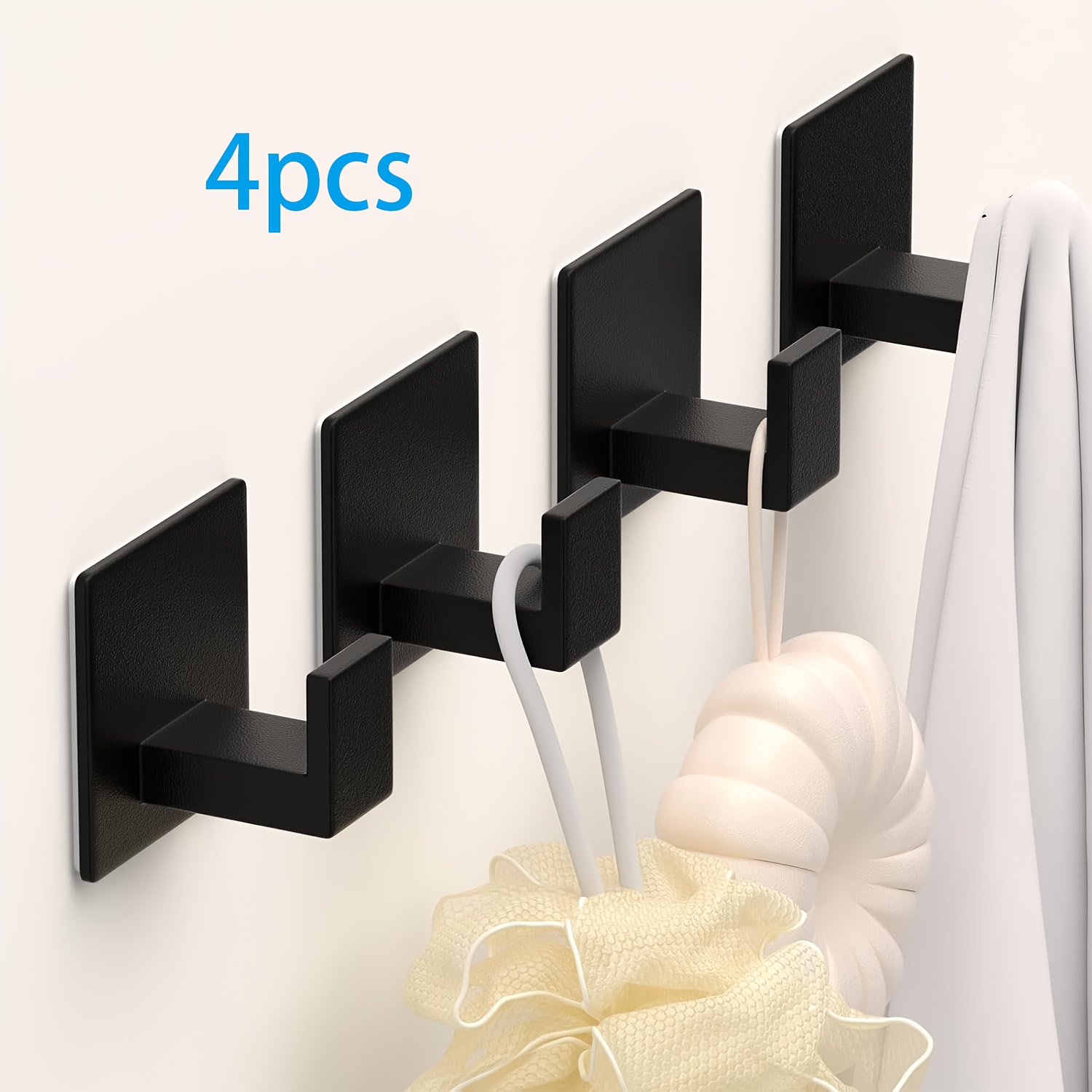 TEMU 4pcs Square Self Adhesive Towel Hooks Black Metal Hooks, For Towels, Robes & Hats, Organize Bathroom, Kitchen, Entryway, Doors, Cabinets On
