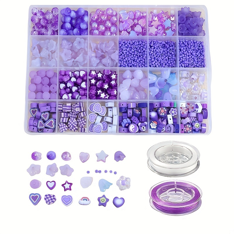 

1 Pack 24 Grids Purple Series Acrylic Beads Set, Multi Size And Shape Beads (0.7-1.2cm) With White & Purple Elastic Cord For Diy Jewelry Making, Create Bracelets, Necklaces, Rings, Earrings