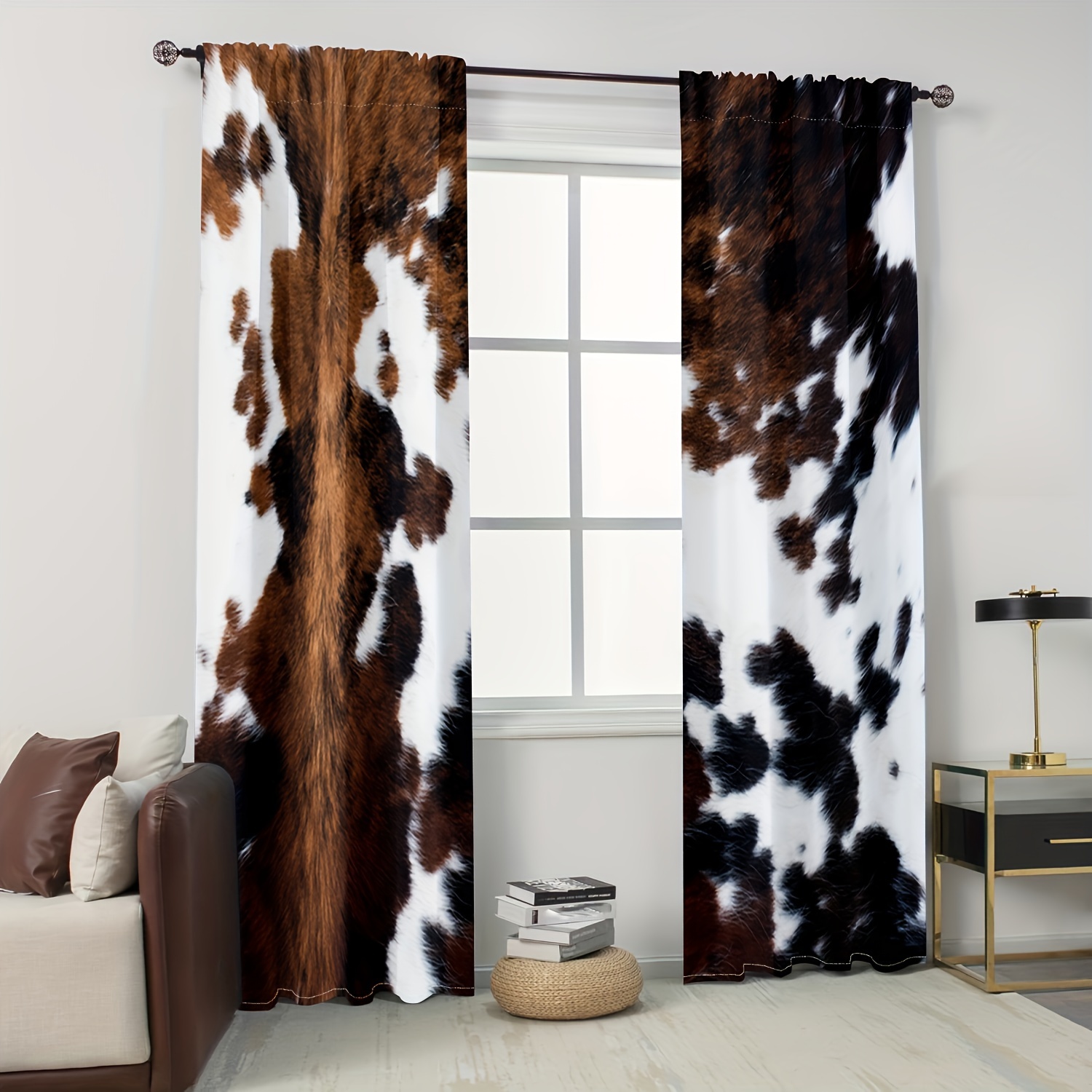 

2pcs Rustic Cowhide Curtains - Brown Animal Print Window Drapes For Farmhouse Decor