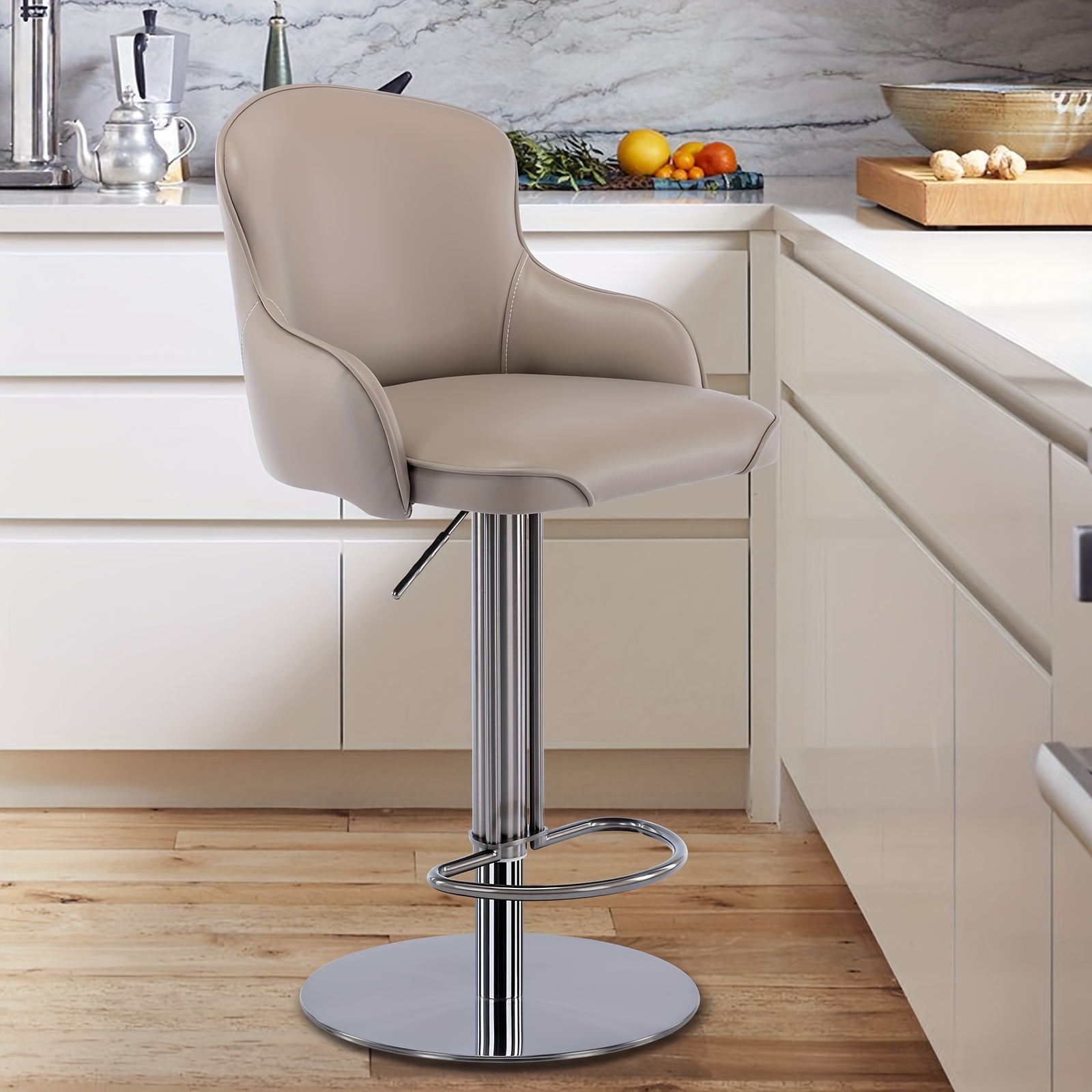 Bar Stools Adjustable Stainless Steel Swivel With Back And Footrest,  Modern Leather Upholstered Bar Chairs For Home, Kitchen, Bar, Count