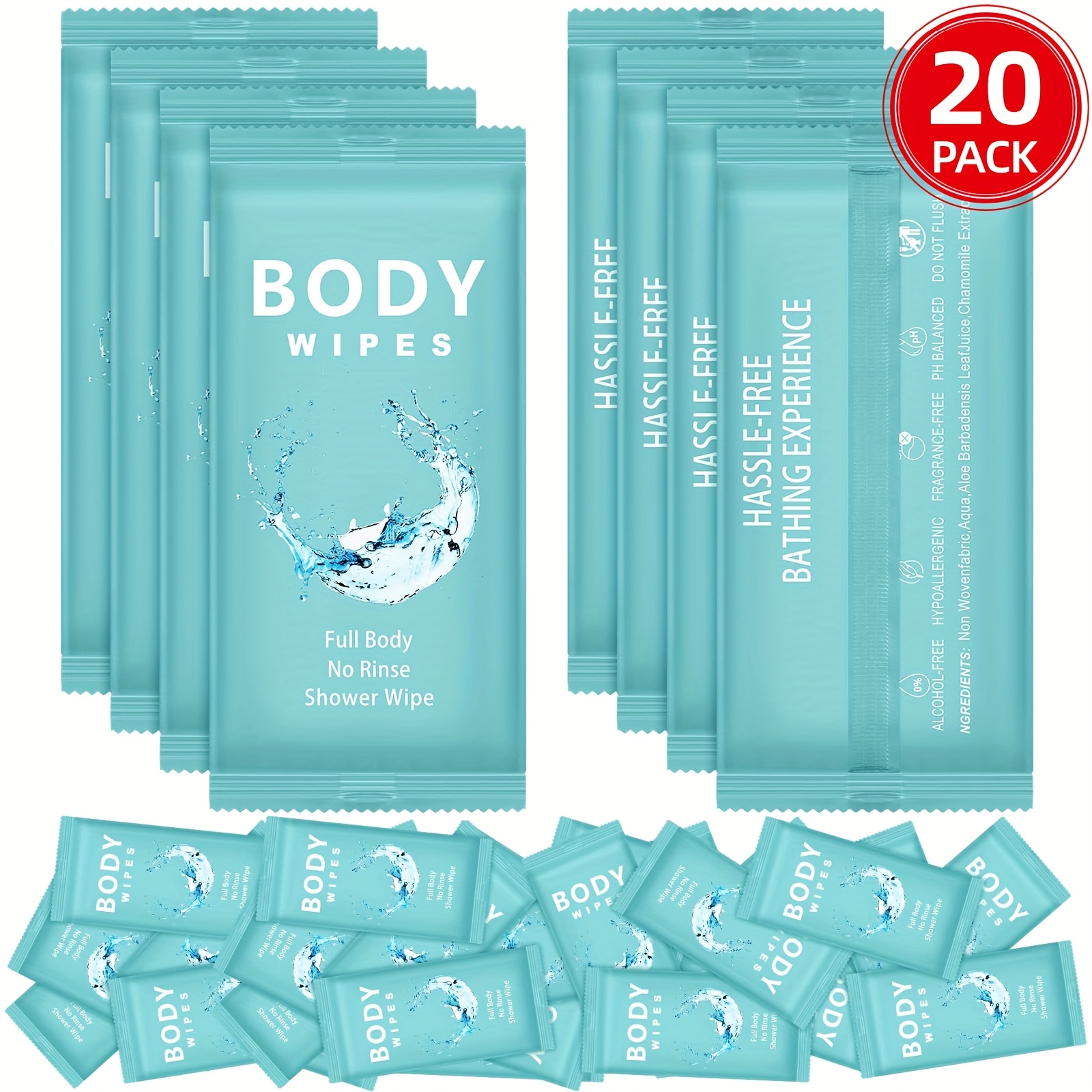 20pcs Bulk XL Rinse-Free Body Wipes (20.07cm x 24.13cm) Individually Wrapped Wet Wipes with Aloe - No Rinse Bathing Washcloths for Adults, Men & Women, Travel, Gym, Camping, Homeless Hygiene - Waterless Shower Wipes, Bulk Value Pack