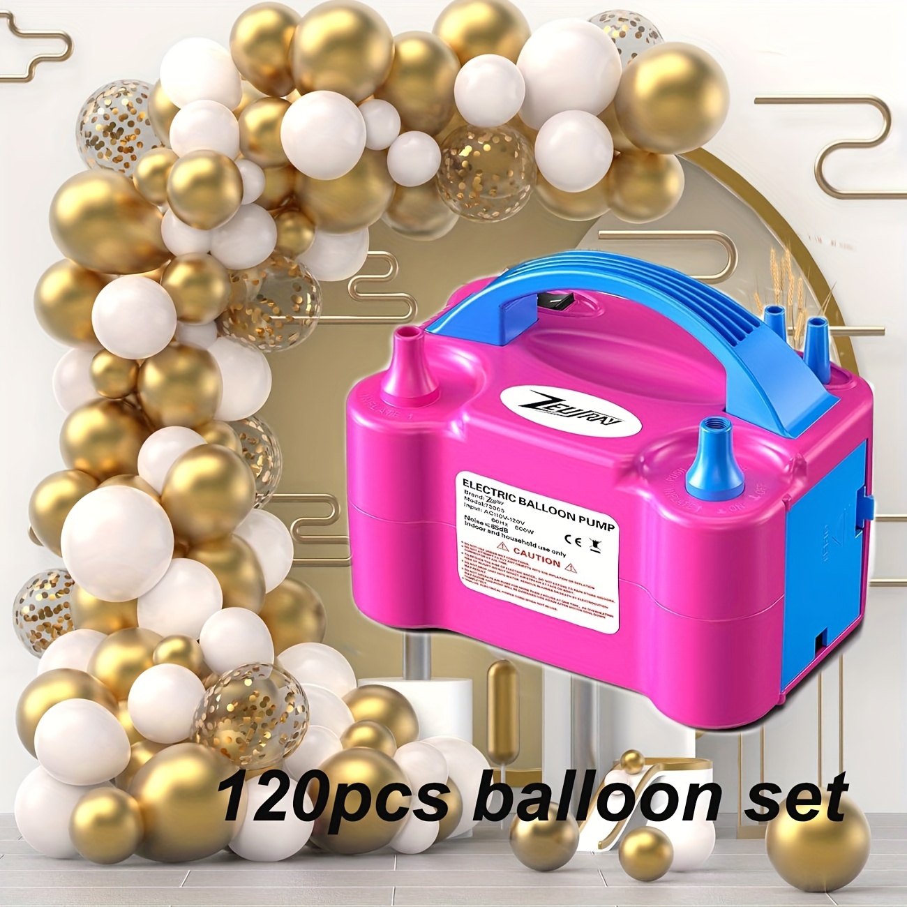 

120pcs Balloon Set With 1pc Portable Balloon Pump Electric, Balloon Inflator Blower Dual Nozzle Air Pump For Latex Balloons With Balloon Arch Making Tool Kit For Party Balloon