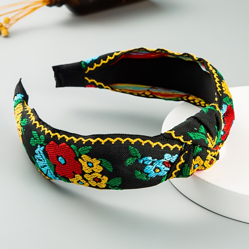 TEMU Floral Ethnic Embroidery Knotted Headband Boho Ethnic Style Fresh Flower Women' Hair Accessory Headband Suitable For Occasions