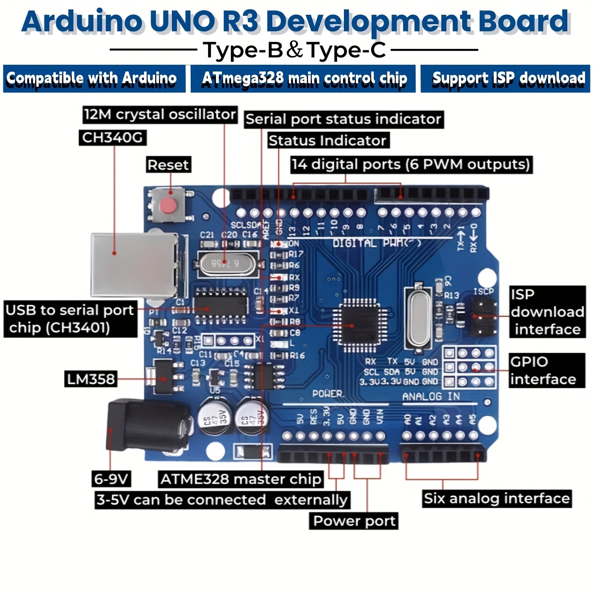 

Arduino Uno R3 Development Board - Atmega328p Compatible Microcontroller Module With 14 Digital I/o Pins, 6 Analog Inputs, Usb & Power Socket For Electronic Projects And Programming Experiments - 1pc