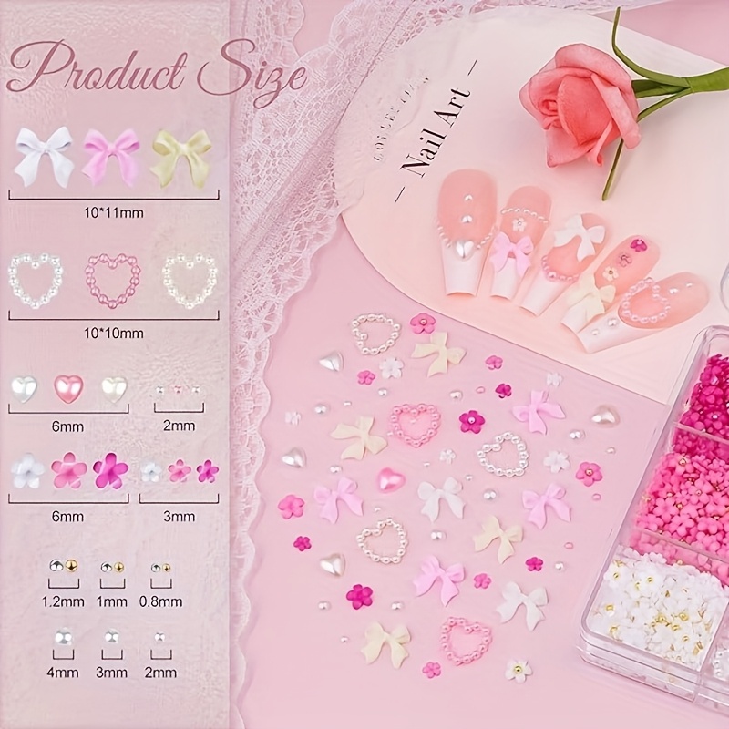 TEMU 1000pcs Nail Art Decoration Kit - Resin Pearls, Rose Flowers & Star Charms For Diy And Pedicures