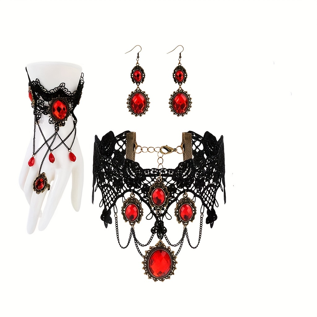 

1pair Of Earrings+ 1 Necklace+1 Bracelet Gothic Style Jewelry Set Sexy Lace Accessories Inlaid Red Gemstone Perfect Decor For Women