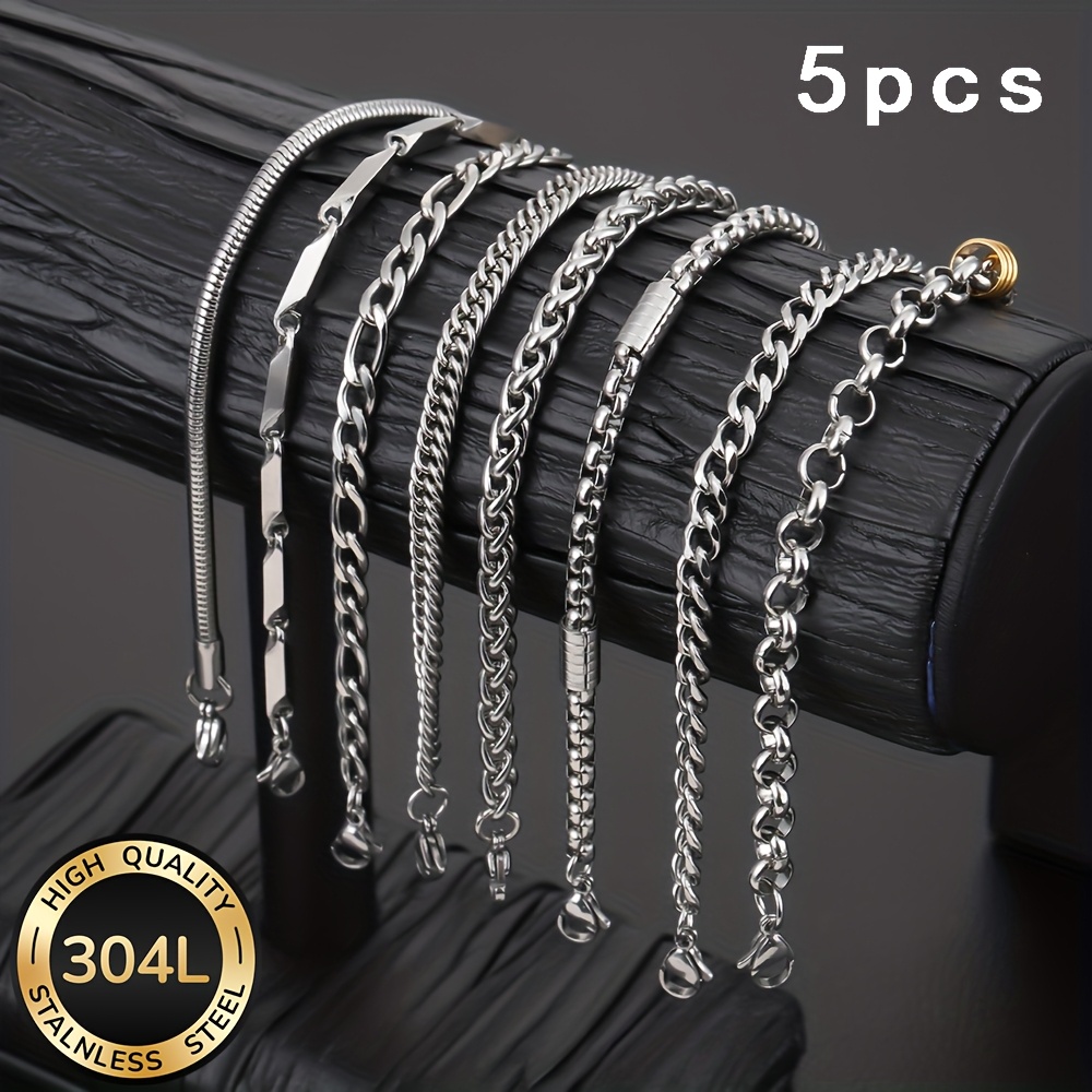 TEMU 304 Stainless Steel Men's Necklace Set (random 5pcs), Waterproof, Wear-, Casual Attire, A Great Gift, Party Necklace, Stylish Men's Accessory, ,