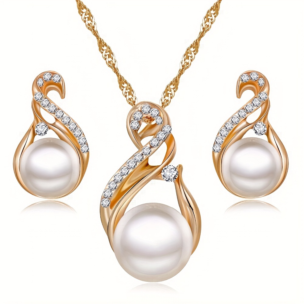3pcs pendientes + collar conjunto de joyería elegante incrustado con piedra lechosa y diamantes de o dorados haz tu elección para combinar con tus atuendos diarios accesorios de fiesta 0