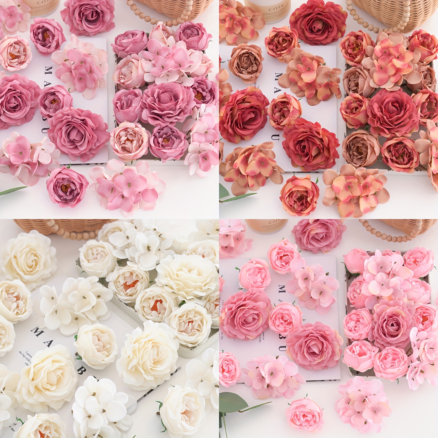 

12/24pcs, Artificial Flowers, Silk Flower Heads - , Rose & Hydrangea Wedding Home Decoration Diy Scrapbooking Party Birthday Decor