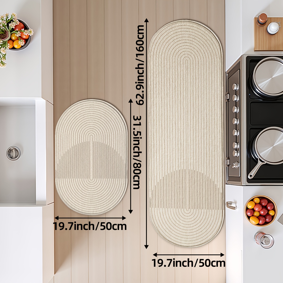 Image of 2pcs Oval Kitchen Runner Mat, Minimalist Striped Texture Non-slip Kitchen Mat, High Quality,,, Machine Washable Absorbent Floor Mat, Suitable For Sink, Laundry Room, Entryway