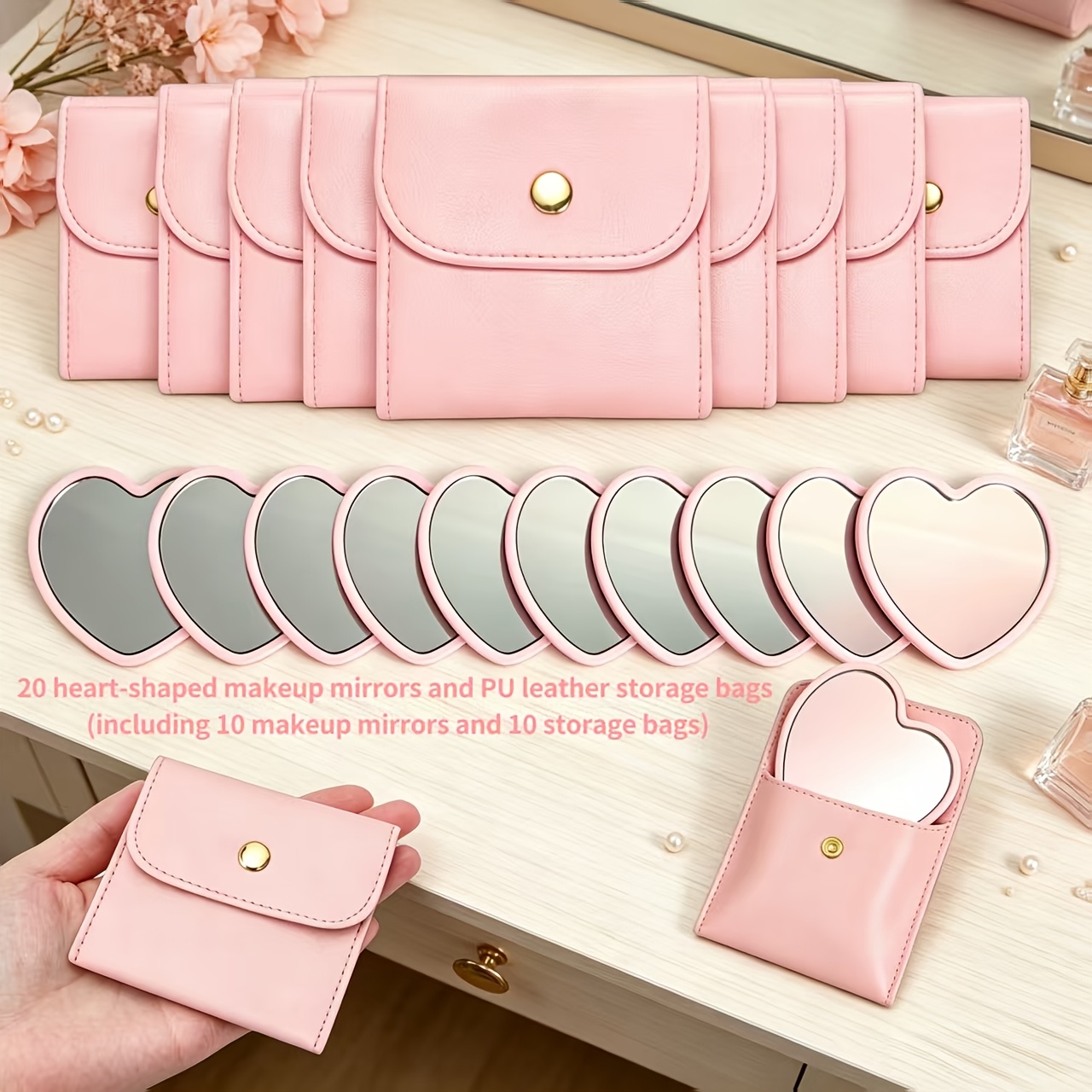 TEMU 20pcs Heart-shaped Makeup Mirror And Pu Leather Storage Pouch Set, Including 10 Makeup Mirrors And 10 Storage Pouches. This Exquisite Makeup