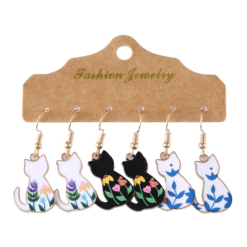 TEMU 3 Paires/Ensembles de Boucles d'Oreilles Pendantes Mignonnes avec Chat Coloré et Bijoux Cadeaux en Alliage de Style Dessin Animé pour Votre