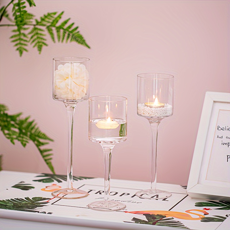 3 Pièces Bougeoirs Verre Transparent Long Pied - Décoration Table Mariage Et Centre De Table