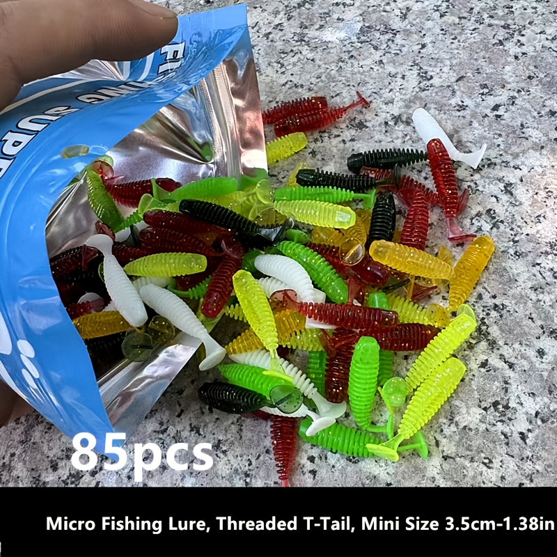 TEMU Set di esche morbide a T filettate, 85 pezzi, colori misti, esca da pesca , mini esche multicolore da 1.38 pollici, pesca a , pesca invernale,