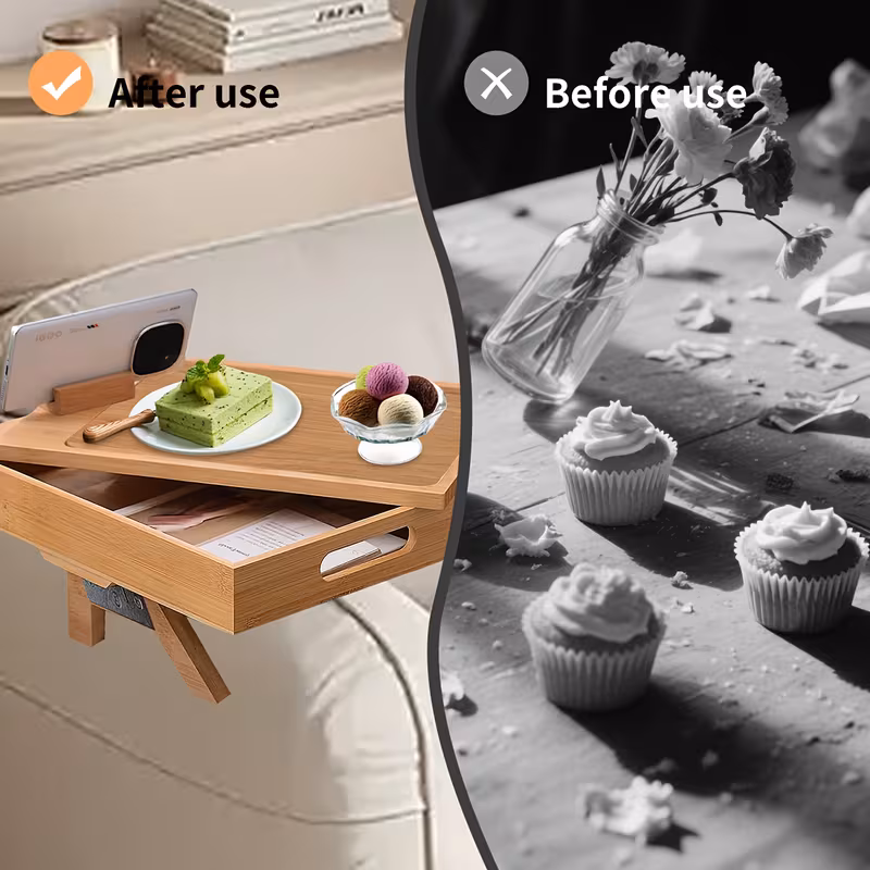 bandeja de braço de sofá com caixa de armazenamento, - , mesa de braço de sofá com giratório e suporte para celular, mesa de braço ajustável para sofás largos, bandejas para tv, bandeja de braço para jantar, - para sofá detalhes 2