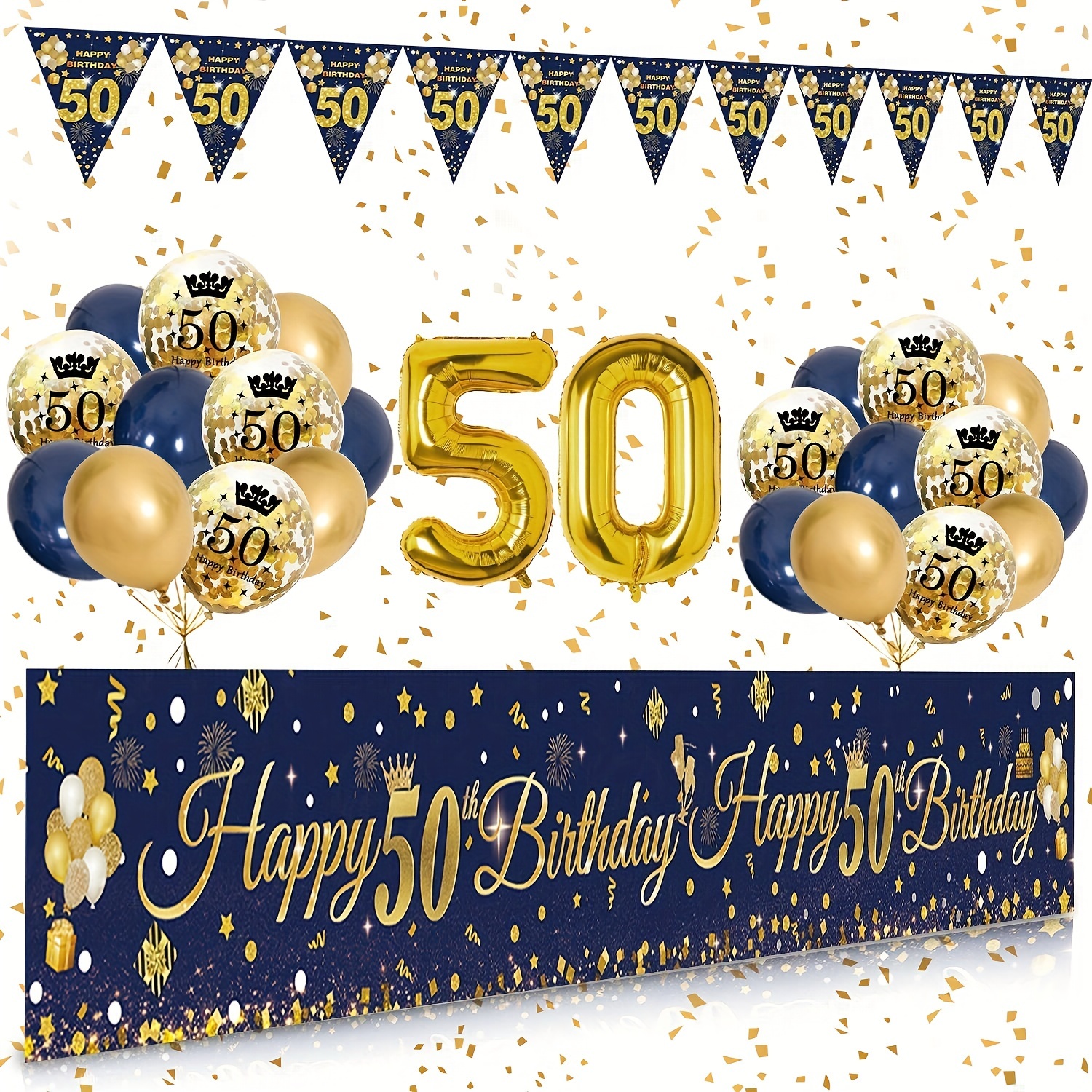 

Blue Golden Balloon Garland Arch Kit With Happy 50th Birthday Banner&pennant, Blue/golden Balloons, 50th Birthday Party Decorations For Men And Women, Indoor/outdoor Decor