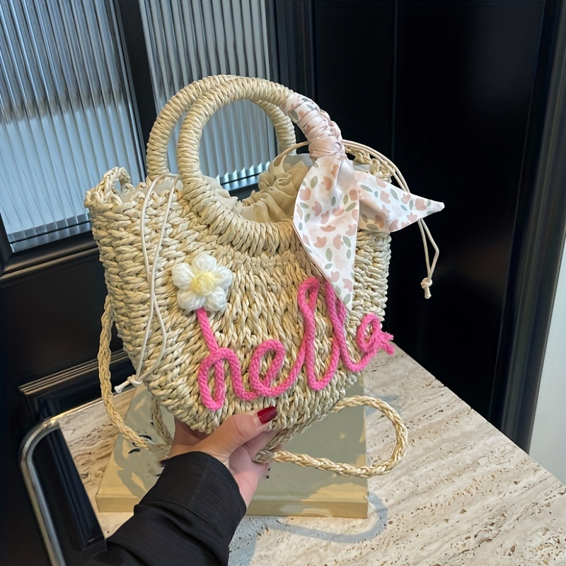 

Women's Bohemian Woven Straw Bag With Scarf Decor, Summer Beach Crossbody Handbag, Fashionable Basket Bag