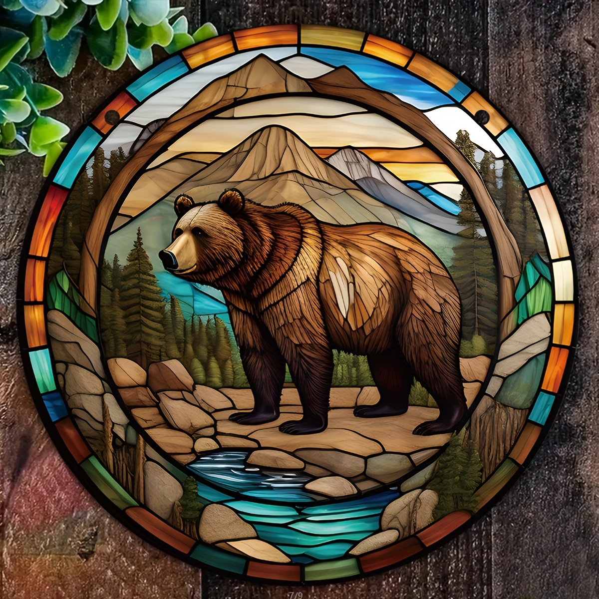 

1pc, Bear Acrylic Hanging Sign, Suncatcher, Stained Window Hanging, Acrylic Holiday Decor, Round Sign, Wreath Sign, Hanging Decor, Window Decor Porch Decor Wall Decor, 5.9in/15cm