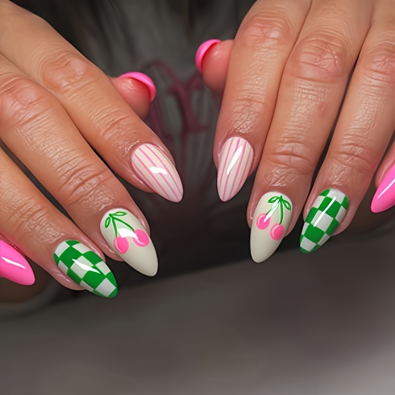 TEMU Summer Cherry Press-on Nails Suitable For - Almond Shape Medium Length Glossy Striped False Nails With , Removable Application For Spring Summer Nail Art