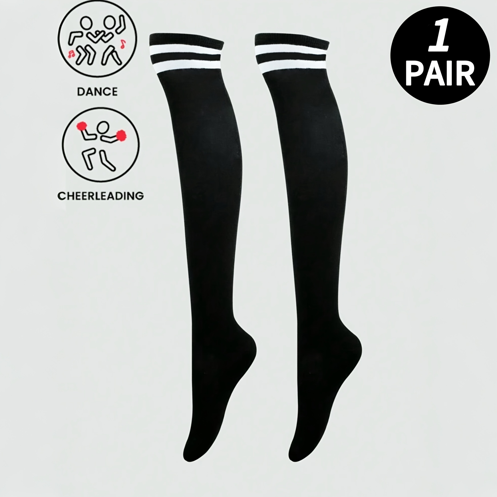 TEMU 1 Pair Of Women's Black And White Knee-high Socks With Double-stripe Pattern, Classic And Stylish Thigh-high Socks, Versatile High Socks, Thin