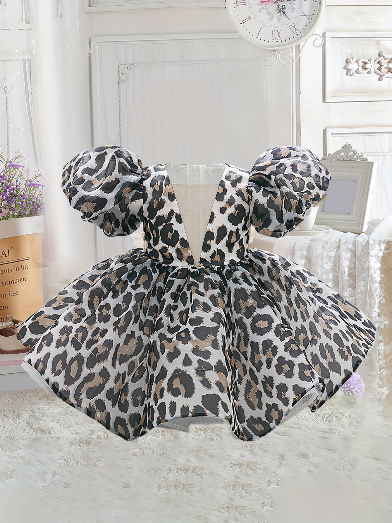 leopard print sleeve line party dress belt short square neck