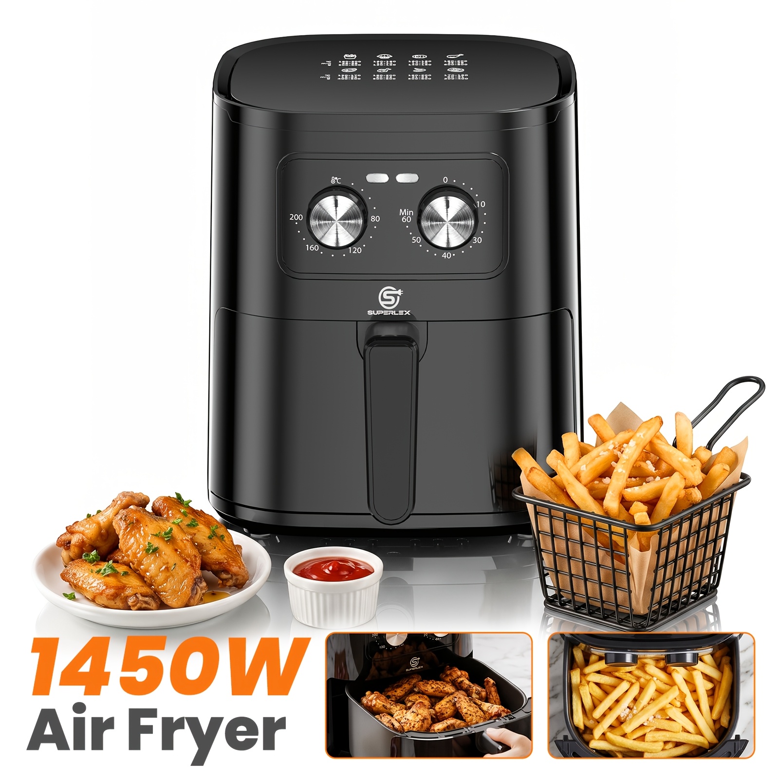 Image of Superlex 1450w Air Fryer 5.0l, Mechanical Air Fryer With Fry Force 360° Technology, Pot And Rack, 80% Less Fat, Vde Plug, With Cooking Guide For Versatile Meals