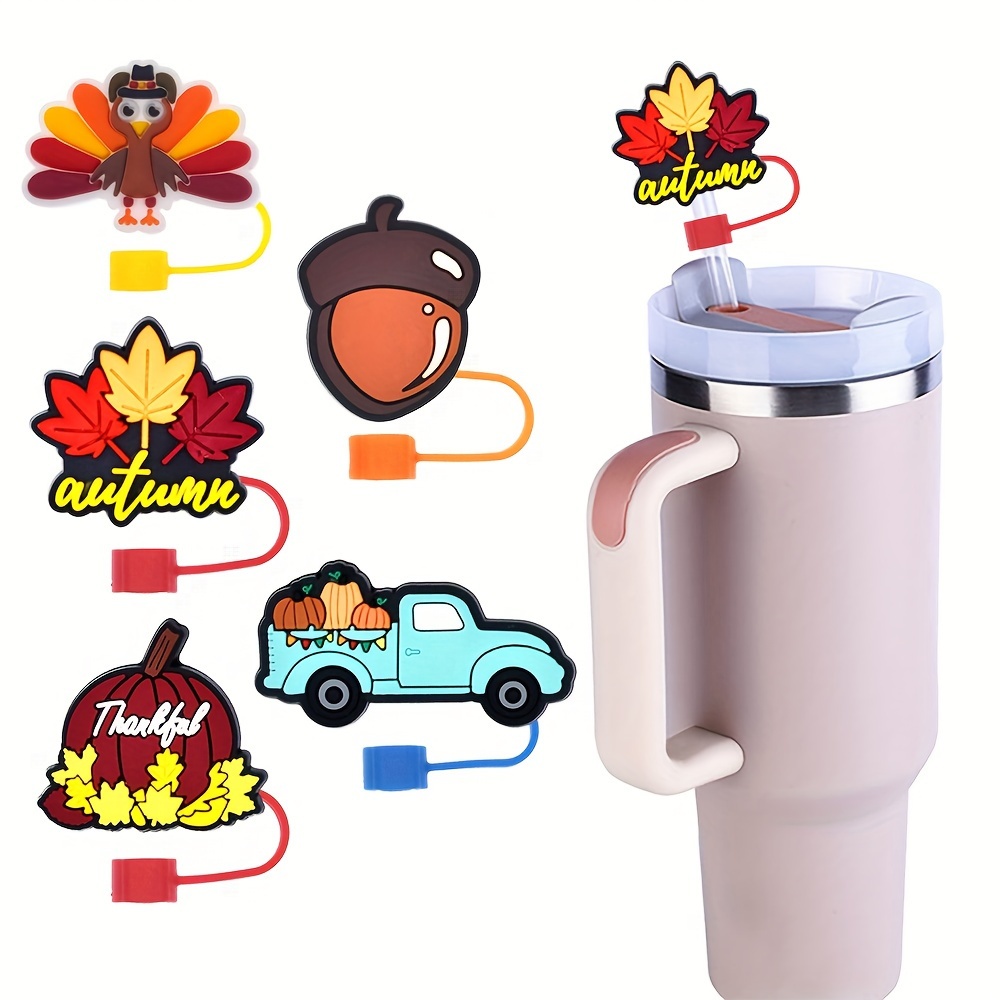 

5pcs Silicone Straw Toppers With Thanksgiving Themes, Reusable Straw Caps With Turkey, Maple Leaves, Pumpkin, And Pickup Truck Designs For Cups And Mugs