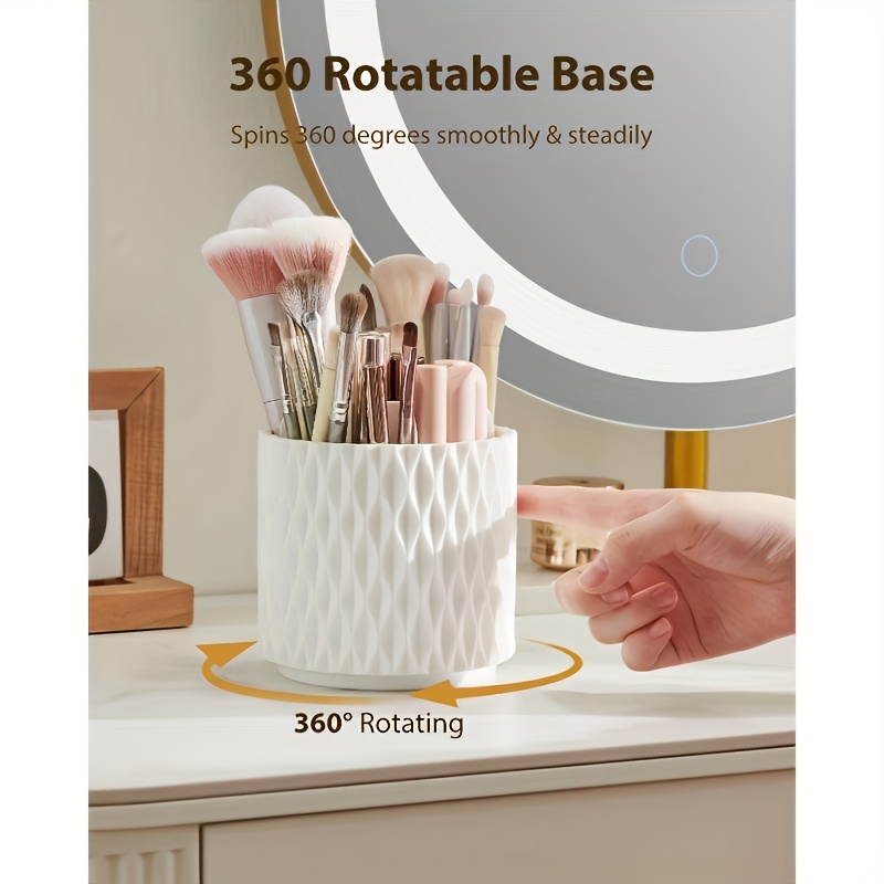 360 rotating makeup brush holder with transparent dome lid dustproof waterproof white hexagonal organizer   countertop storage for brushes skincare products durable plastic vanity organizer with 360 spin no power required bathroom dressing table organizer Product details 4