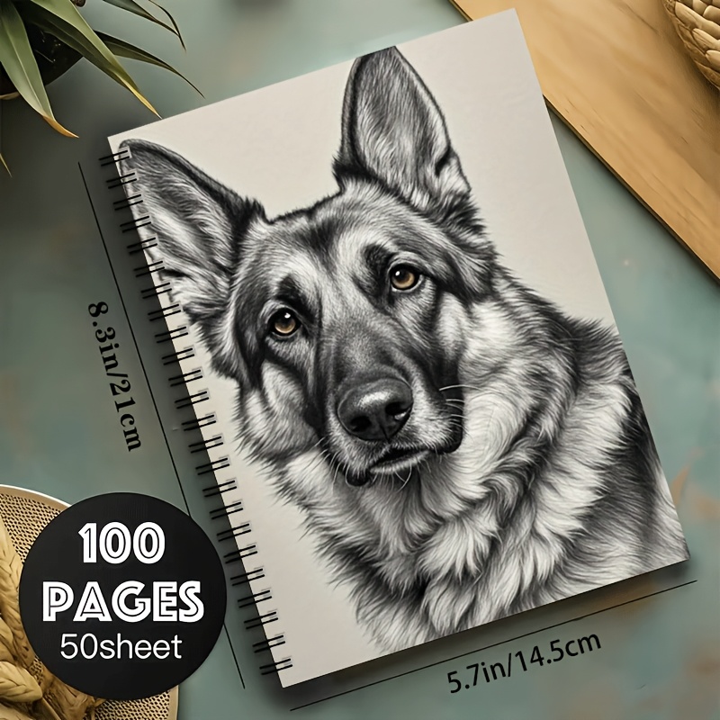 TEMU 1pc German Shepherd Sketch Art A5 Spiral Notebook, Black Spiral, Size 21x14.5cm, 24-hole Binding, 50 Sheets 100 Pages, Office And Classroom