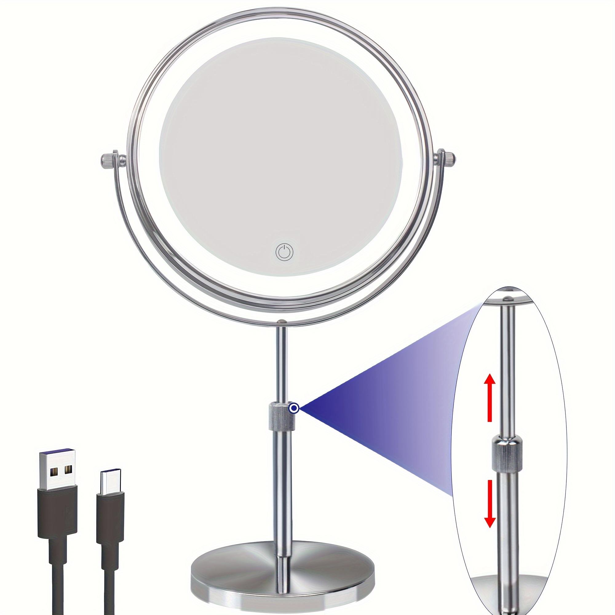 

8" Lighted Makeup Mirror With Magnification, 3 Light Colors, Adjustable Brightness & Height, 360° Rotation, 10x Magnifying Mirror With Light, Led Vanity Mirror For Women - Chrome
