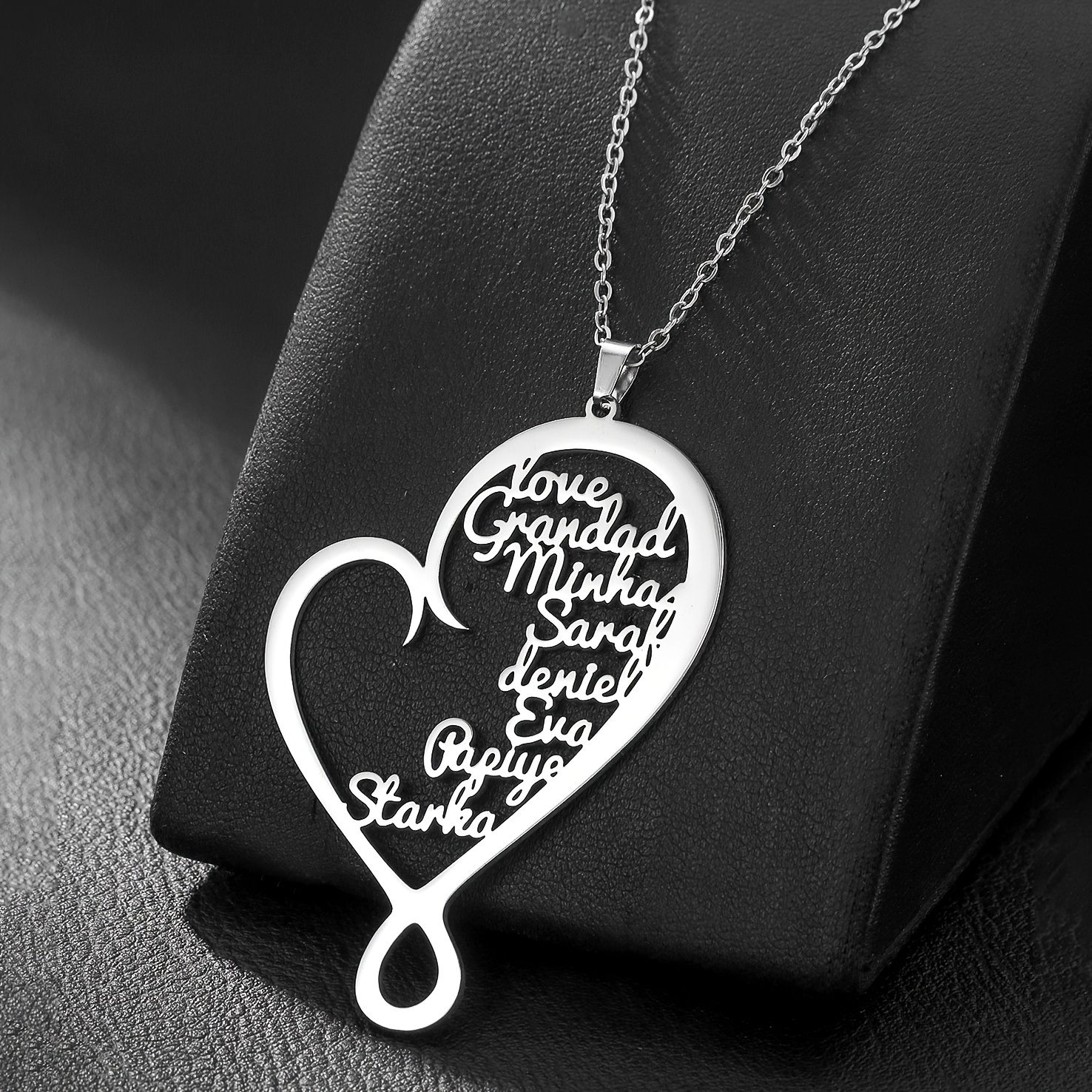 TEMU Minimalist Temperament 304 Stainless Steel Mo Heart Geometric Lines Ladies Pendant Necklace - Personalized Custom 1-9 Family Names Heart-shaped