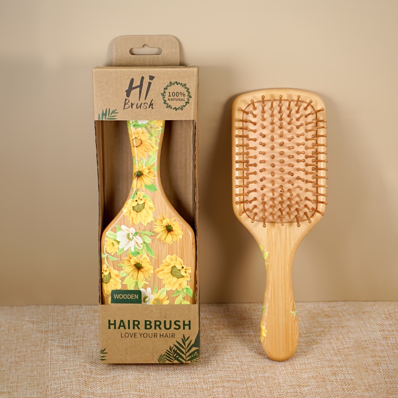 TEMU 1pc Handcrafted Hair Brush, Natural Bamboo Square Comb With Sunflower Print - Hair Brush For Women High Quality