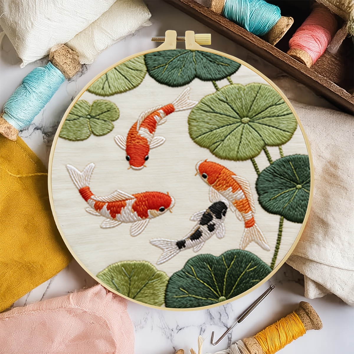 TEMU 1pc Embroidery Kit, 15x15cm/5.9x5.9in, 20x20cm/7.9x7.9in, Fish In , Handmade Embroidery Kit, Suitable For Adults And Beginners, Includes