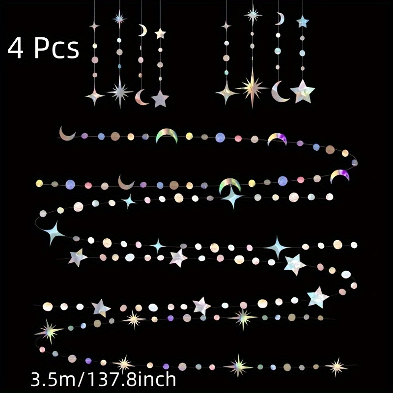 Image of 4pcs Of Stars And Moon Round Dot Party, Wedding And Proposal Decoration Party Flag, Hanging New Moon Sparkling Small Stars Flowing Colorful Flags, Birthday Wedding Decoration Background