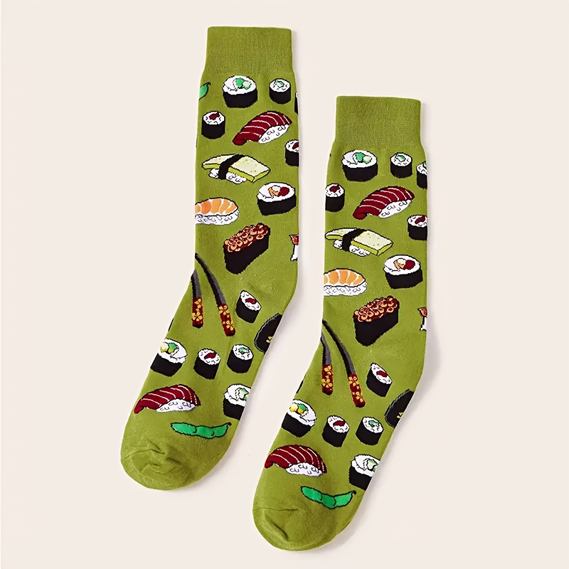 

1 Pair Men's Sushi Print Socks, Knit Fabric, Cartoon Pattern, Casual Fashion Style, Hand Wash/ - Green