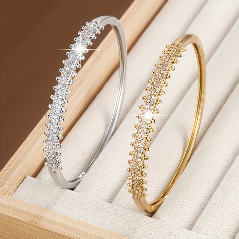Golden Toned Copper Bangle Double Row Zirconia Sparkling Bracelet