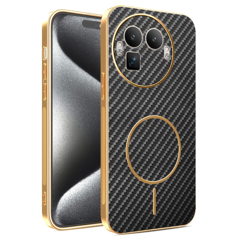 TEMU Phone Case - New Magnetic Carbon Fiber Textured Phone Case For Realme Gt8 And Realme Gt8 Pro, Featuring Premium Electroplated Golden Edges For