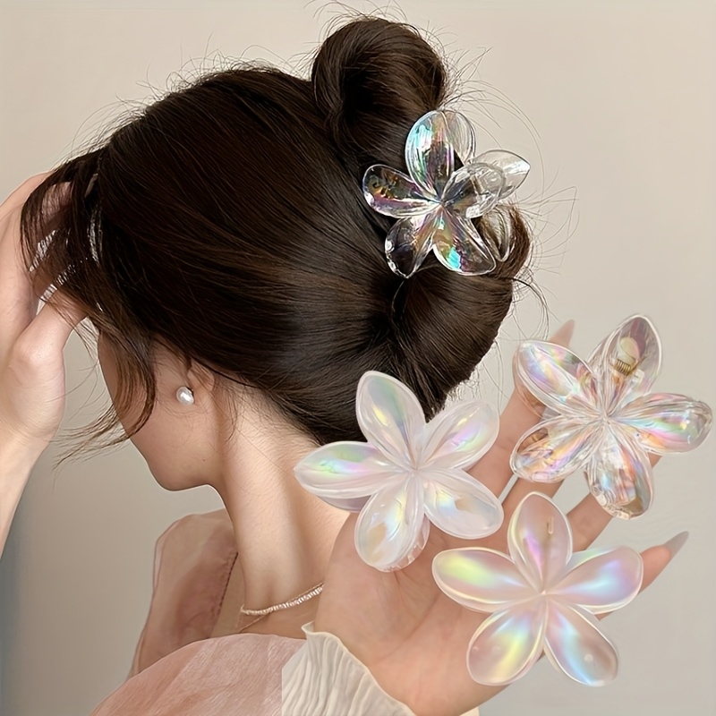 

3pcs Elegant Iridescent Flower Hair Clips - Large, Holographic Floral Barrettes In White & Pastel Colors, Accessory For Stylish Looks, Perfect Birthday Gift For Her, Cute Hair Accessories