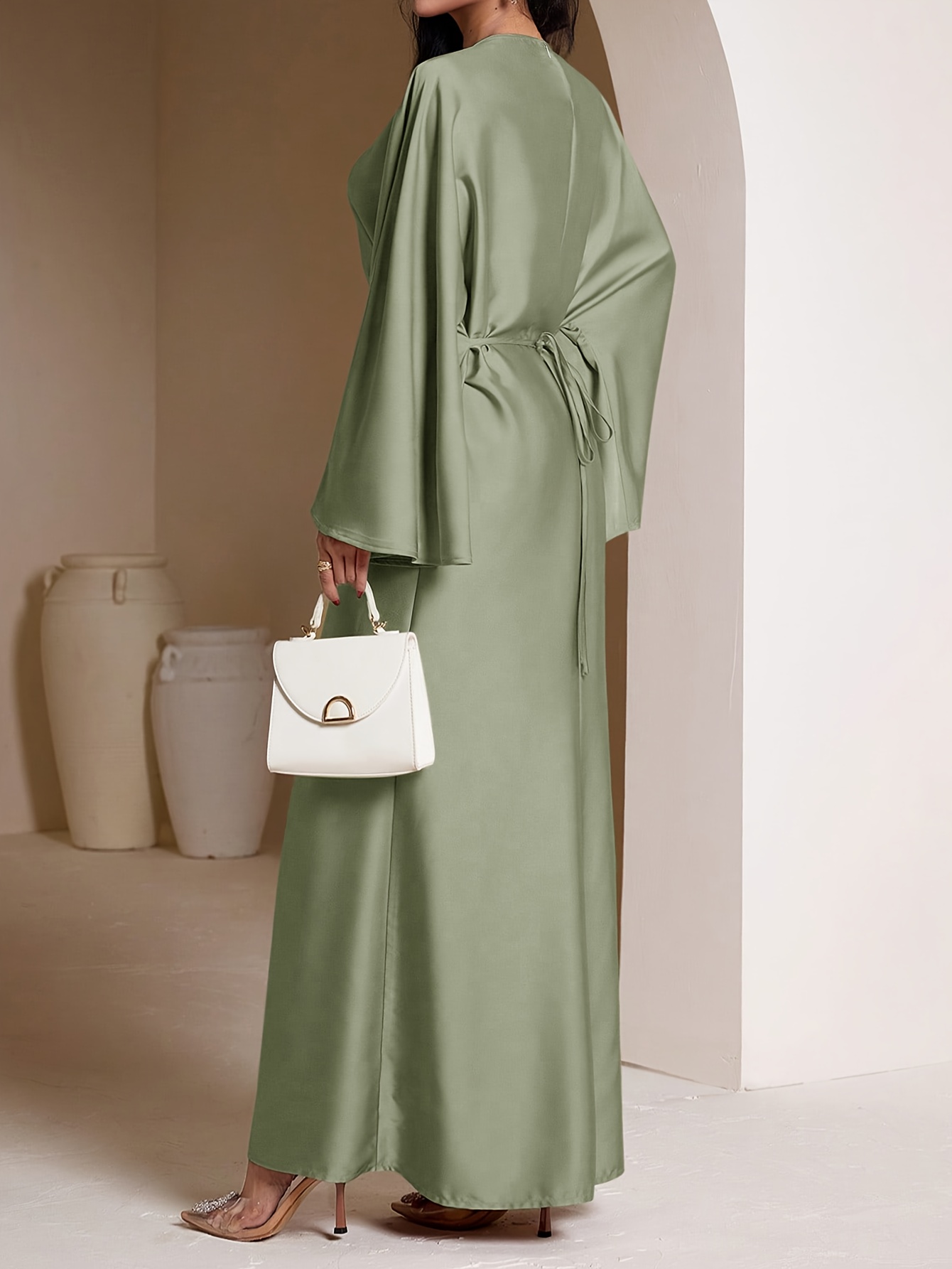 a luxurious olive green satin maxi dress bell sleeves - Temu Mauritius
