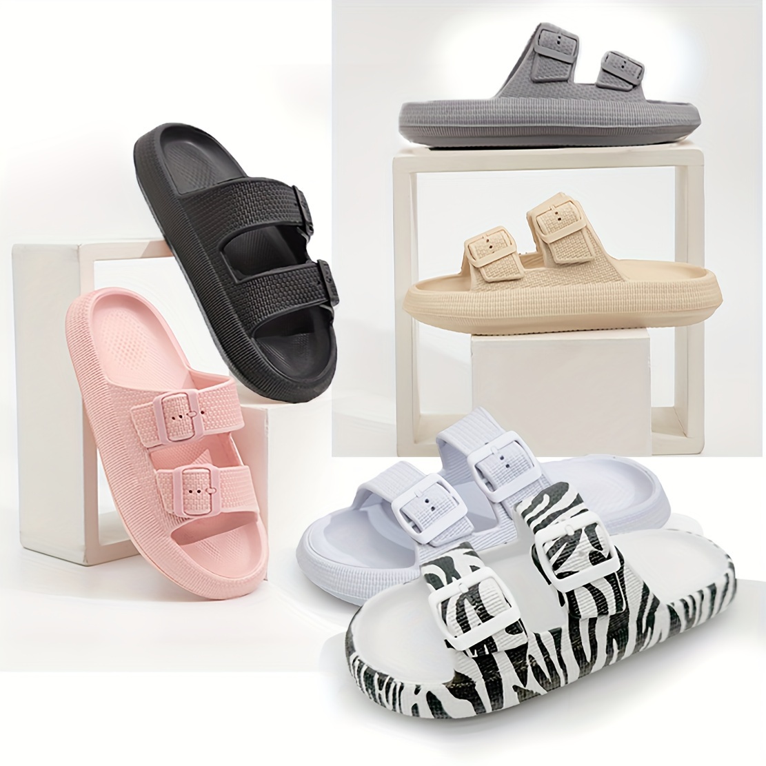 

Women's Zebra & Solid Slides, Platform Soft Sole Eva Double Buckle Slides, Summer Home Quick Drying Slides