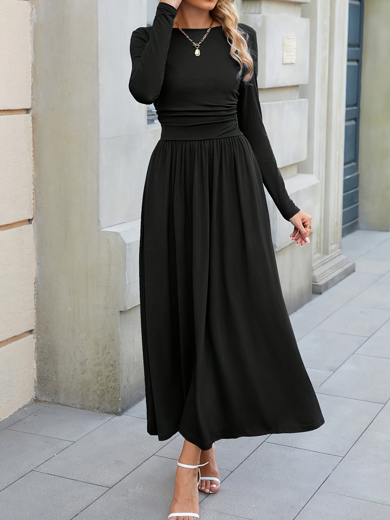 Women's Elegant Winter Maxi Dress - Long Sleeve A-Line Dress with Pleated  Hem, Round Neck -Length Gown, Machine Washable Dress for Weddings, Parties,  Fall & Winter Events (Solid Color)