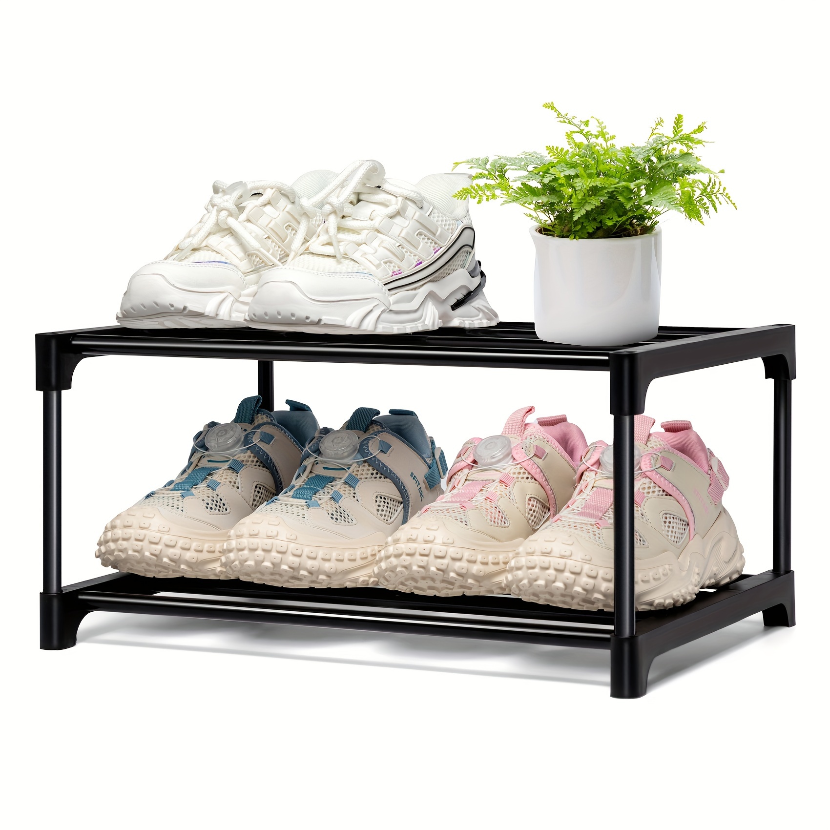 

Stackable 2/3/4-tier Shoe Rack Organizer, Plastic & Stainless Steel Free Standing Shoe Shelf For Closet Entryway Hallway, Floor Mount Metal Shoe Storage Rack For Living Room