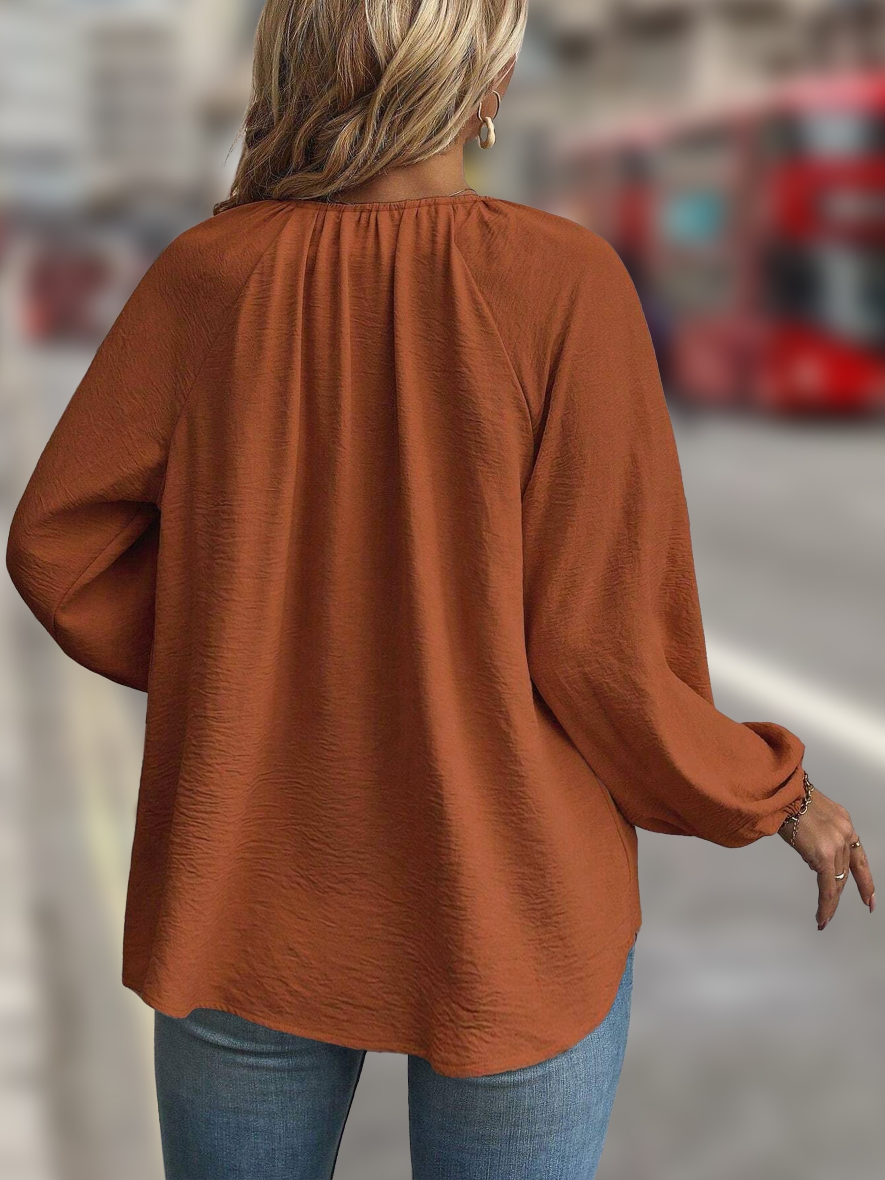 elegant plus size women's blouse in brown v neck tie detail