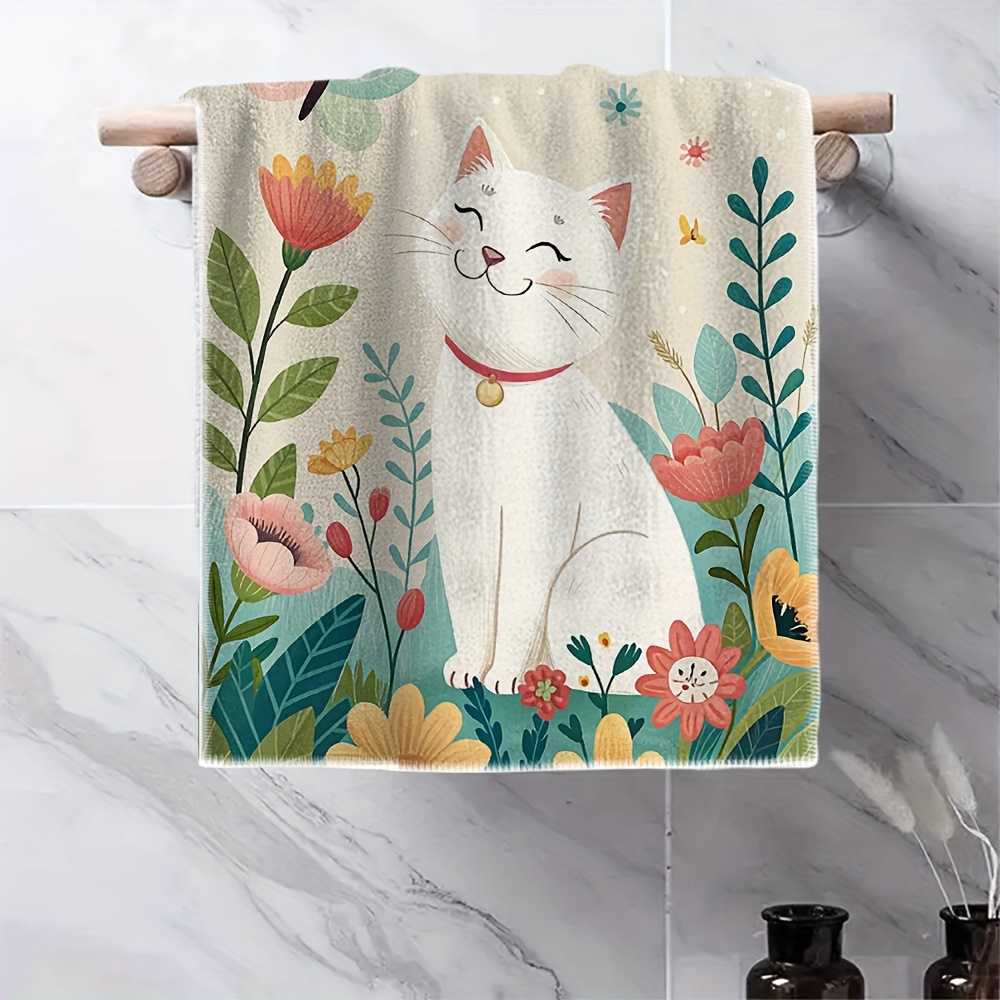 TEMU 1pc Hand Towel, Cute Cat Theme With Exquisite Patterns, Illustration Style, , Soft And Comfortable, Suitable For Daily Face Washing, Toiletries,
